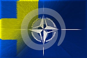 NATO-OTAN. Sweden. NATO flag. Swedish flag. Flag with the NATO logo. Concept of annexation of Sweden with NATO-OTAN. Foreground.