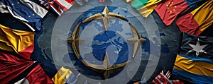 NATO shield emblem surrounded by diverse national flags on a textured background