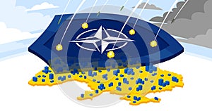 NATO shield flat vector illustration protects Ukraine