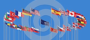 NATO Summit - Madrid, Spain in 2022. The 30 waving Flags of NATO Countries - North Atlantic Treaty. 3D illustration.  Isolated on