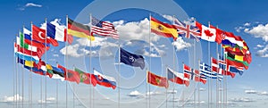 NATO Summit - Madrid, Spain in 2022. The 30 waving Flags of NATO Countries - North Atlantic Treaty. 3D illustration.  Isolated on