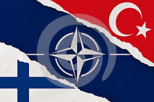 NATO, Turkey and Finland flag ripped paper grunge background. Abstract NATO membership, politics conflicts, war concept texture