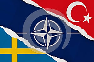 NATO, Turkey and Sweden flag ripped paper grunge background. Abstract NATO membership, politics conflicts, war concept texture photo