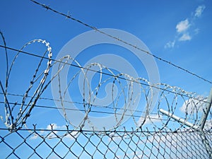 Nato Wire. Barbed Wire against bright blue sky