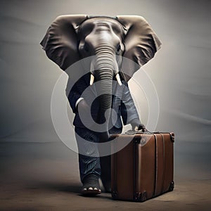 A nattily dressed elephant in a pinstripe suit, carrying a tiny suitcase in its trunk1