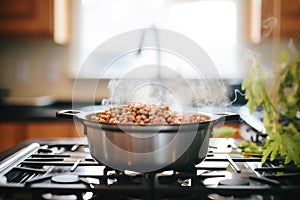 natto beans captured mid-fall into a cooking pot