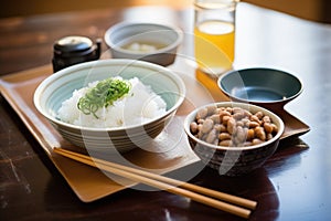 natto breakfast plate with rice and miso soup