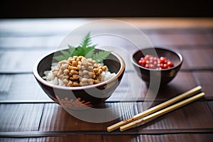 natto fermented soybeans in a wooden bowl with chopsticks