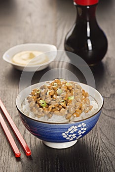 Natto, Japanese Fermented Soybeans, Over Rice with Soy Sauce and Mustard