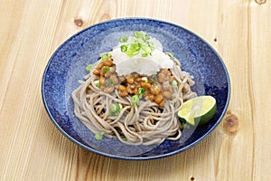 Natto  soba buckwheat noodles with fermented soybeans , Japanese food