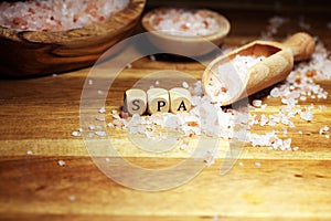 Natuaral cosmetics with pink himalayan spa salt. Sea bath salt for healthy spa relaxation