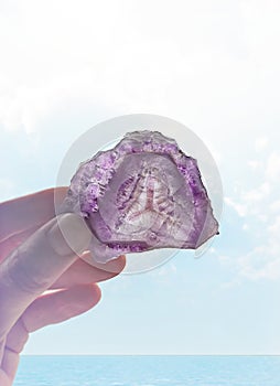 Natura amethyst slice, trinity symbol, dreams, spiritual stone, meditation, spiritual healing, chakras protection, cleanse