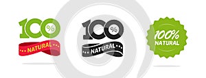 Natural 100 percent organic product label icon tag vector graphic, quality food label logo sticker certified stamp seal, eco