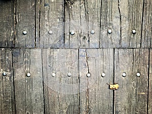 Natural abstract textured wood background with metal nails, copy space