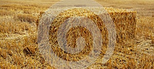 Natural agriculture background. Close-up of dry haystack in the field.