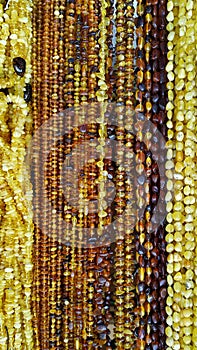 Natural amber beads, close-up