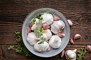 Natural antibiotic, fresh garlic bulbs with cloves on wooden background