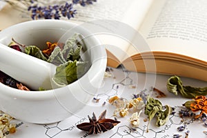 Natural apothecary with herbs and book photo
