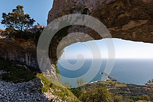 Natural arch called Ojo del Diablo in Cantabria, Spain photo