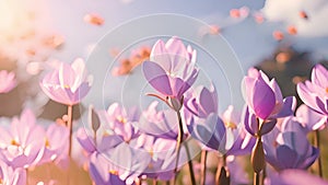 Natural autumn background with delicate lilac crocus flowers against blue sky