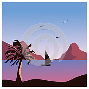 Natural background, afternoon trees and flying birds, coloring vector illustration