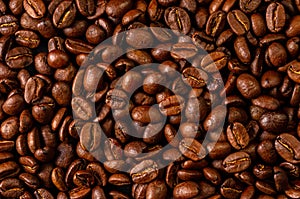 Natural background for Cafe menu or brochure template - macro photo of brown roasted coffee beans, close up