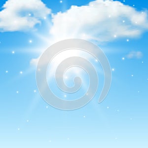 Natural background with clouds and sun on blue sky