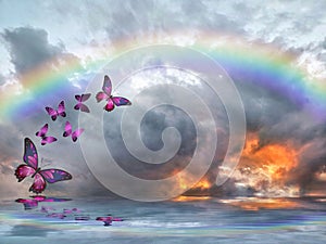 Natural background with colorful butterflies flying with rainbow in sea reflection hith