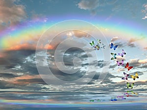 Natural background with colorful butterflies flying with rainbow in sea reflection hith