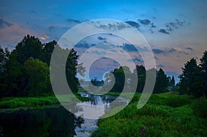 Natural background: misty landscape at dawn by the river in the forest on a summer morning.