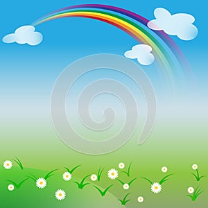 Natural background with rainbow and daisies in spring or summer day