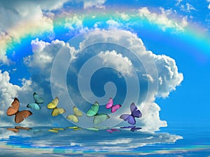 Natural background with rainbow in sea reflection