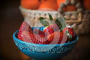 Natural background of red strawberries on the table ready to eat photo