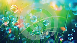 Natural background with summer green meadow and soap bubbles