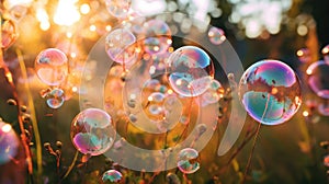 Natural background with summer green meadow and soap bubbles