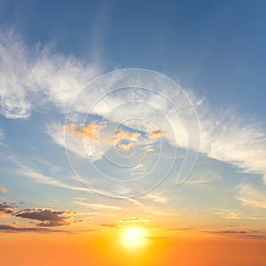 Natural background Sunrise Sundown Sky with colorful clouds and sun. Cloudscape