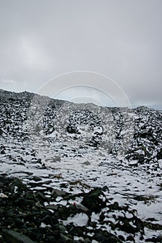 Top of Mount Etna volcano with snow, ash and volcanic rocks, Sicily, Italy