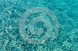 Natural background of transparent azure sea water and bottom with rocks. A close-up view of the pebbles on the beach