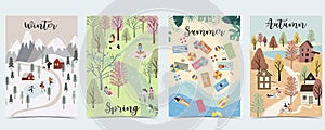 Natural background with winter, spring, summer, autumn season.Poster vector with activity of people photo
