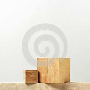 Natural background with wooden blocks. Podium for cosmetics presentation