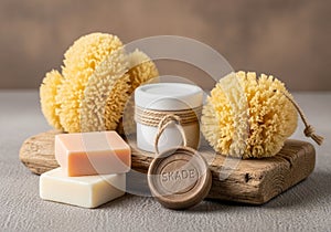 Natural bath accessories displayed on a rough wooden board