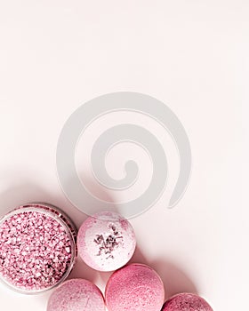 Natural bath bombs and sea salt with rose essential oil, spa products with dry herbal ingredients. Natural cosmetic for