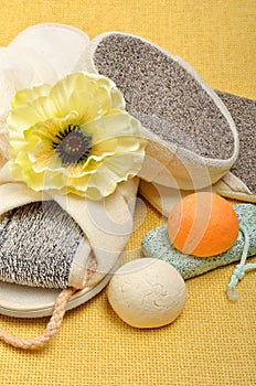 Natural bath sponges, bath slippers, pumice, bath bombs, salt