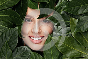 Natural Beauty. Beautiful Woman Face In Green Leaves.