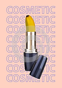 Natural beauty body care concept. Cosmetic lipstick with banana instead of pomade. Modern design. Contemporary art