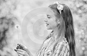 Natural beauty. Childhood happiness. summer vacation. Rancho and country. happy child hold blowball. little girl and