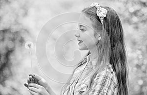 Natural beauty. Childhood happiness. summer vacation. Rancho and country. happy child hold blowball. little girl and photo