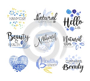 Natural Beauty Cosmetics Promo Signs Colorful Set