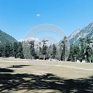 natural beauty of kalam ground snow on mountains green trees photo