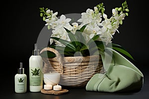 Natural beauty. Organic facial toners against a backdrop of blooming flowers. Product Photography